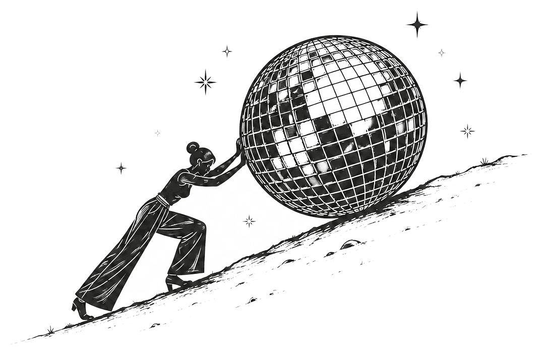 Black-and-white illustration of a woman pushing a giant disco ball up a hill under stars