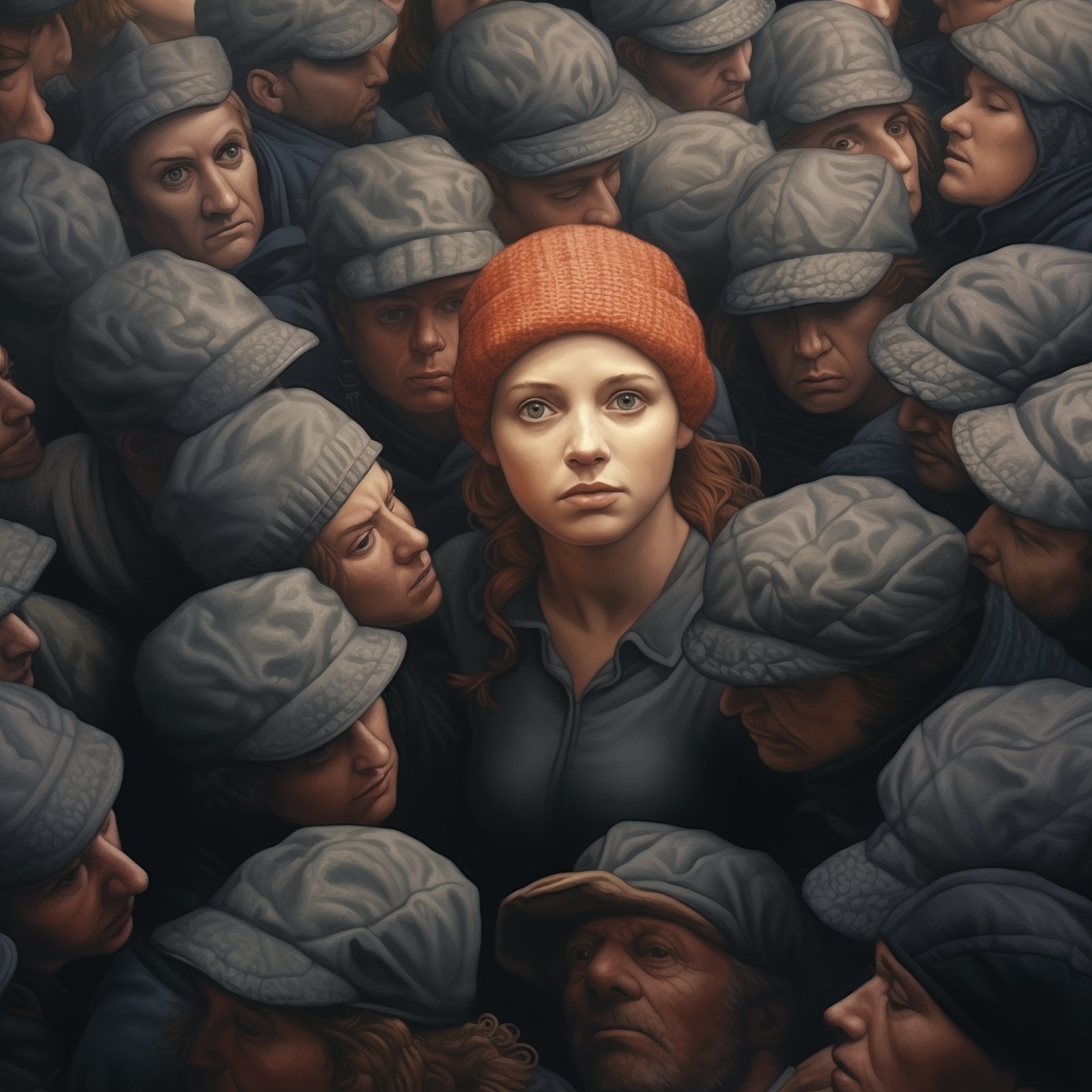 A surreal illustration of a woman in a knitted red hat with rosy cheeks looking up, engulfed in a crowd of men in grey hats, shot from ab...