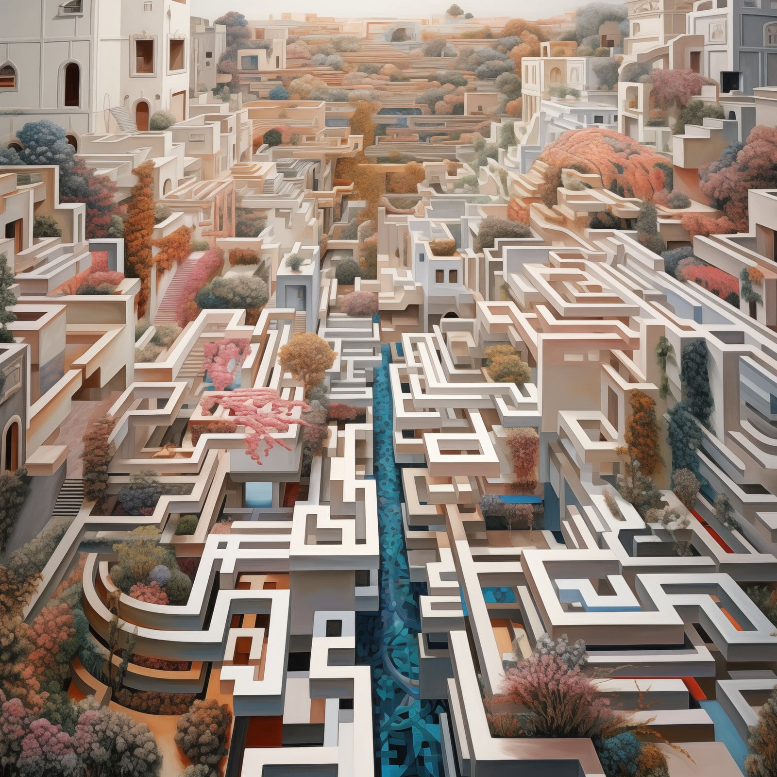 An intricate illustration of a confined yet infinite white street lined with elaborate garden mazes and Mobius strips