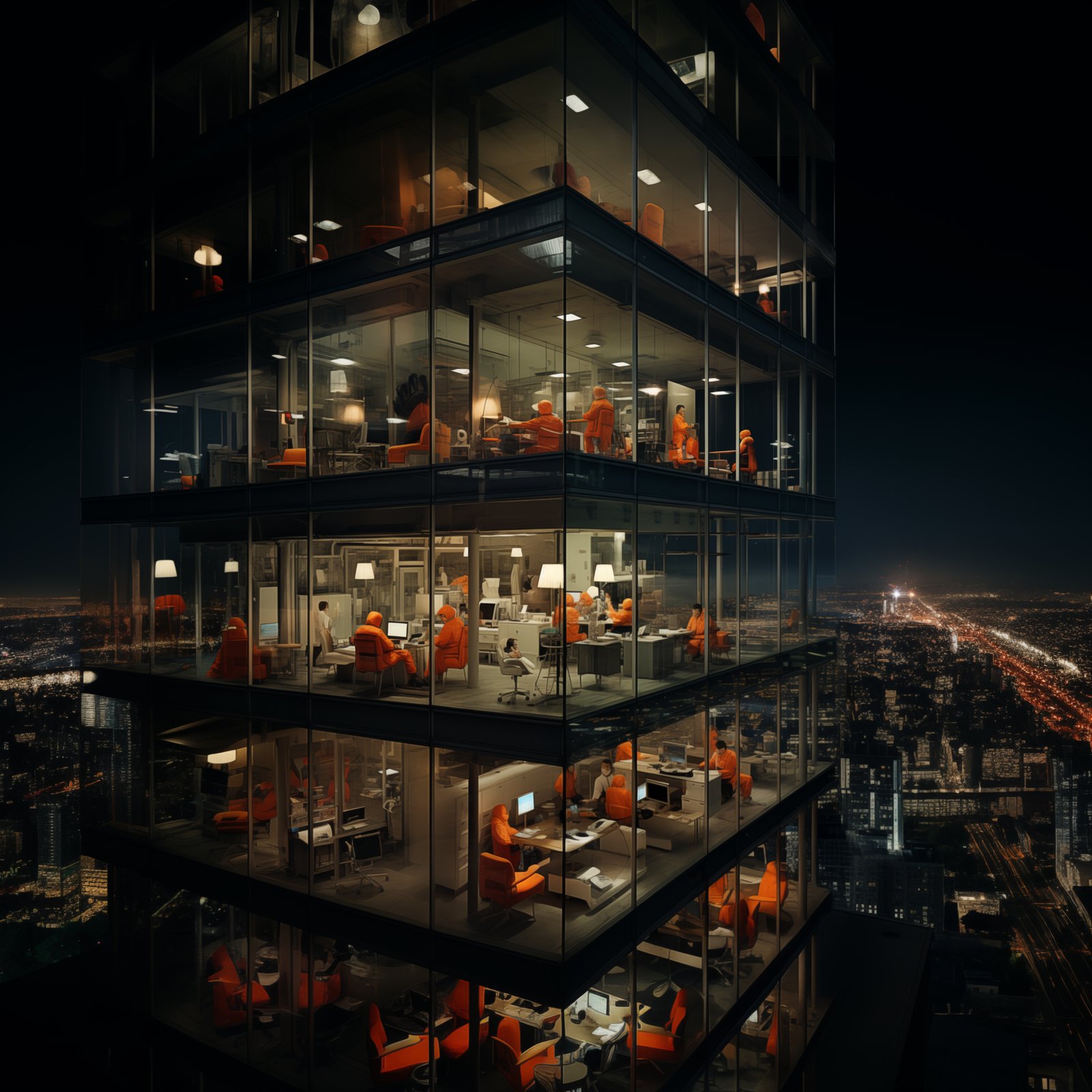 A night photograph of the exterior of an all-glass apartment building full of both orange chairs and people on their computers wearing or...