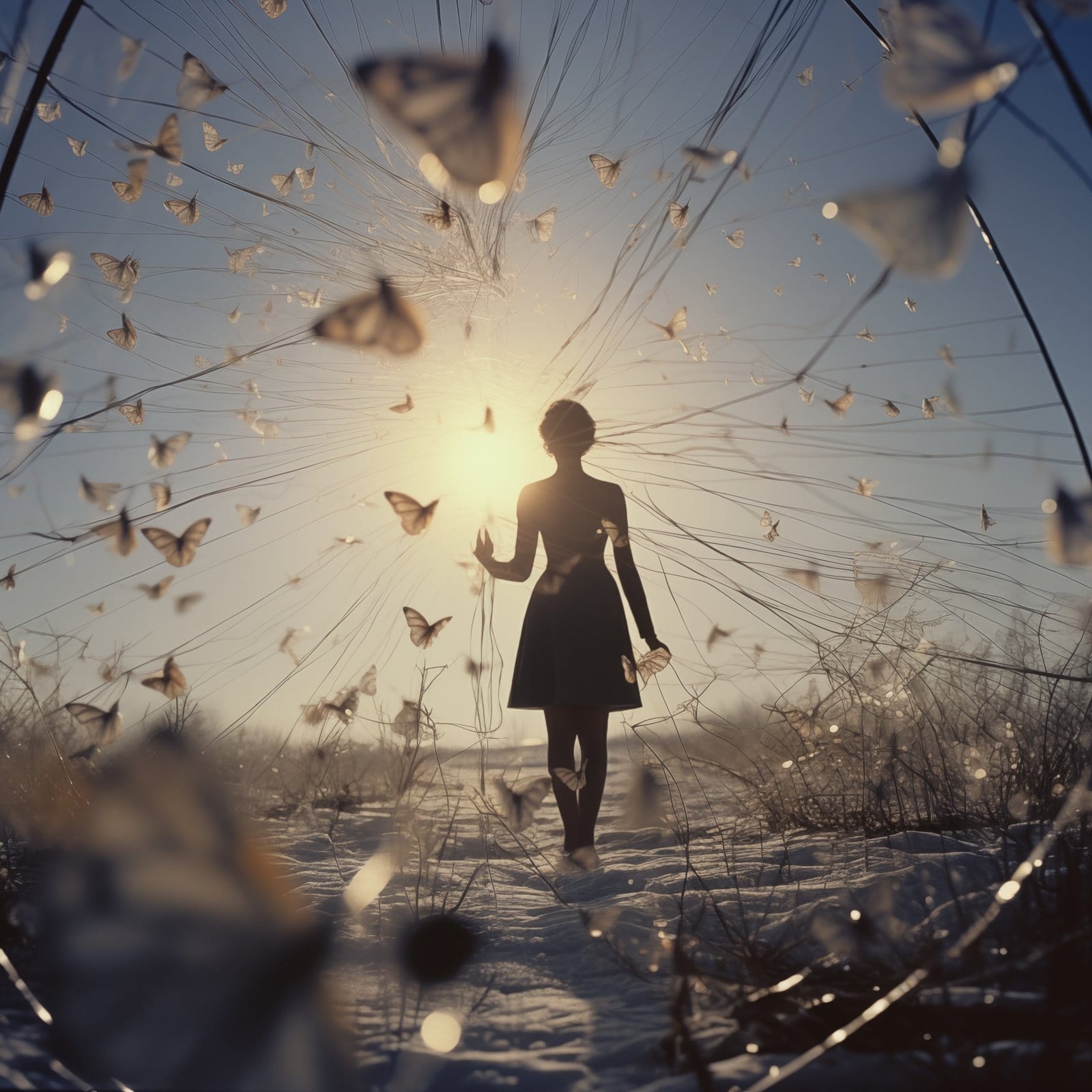 A silhouette of a woman walking towards a coast through butterfly netting, backlit by the sun with lens flare, dystopian surrealism, whim...