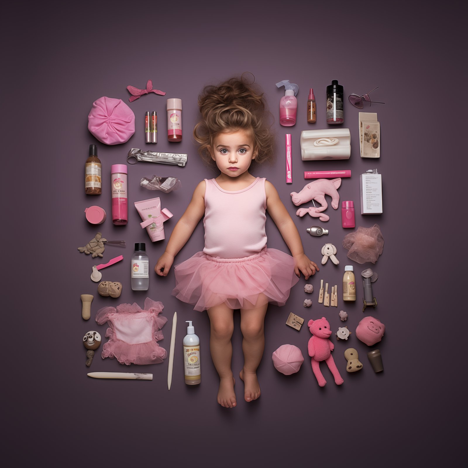 A toddler surrounded by feminine products, shot from above, scientific knolling