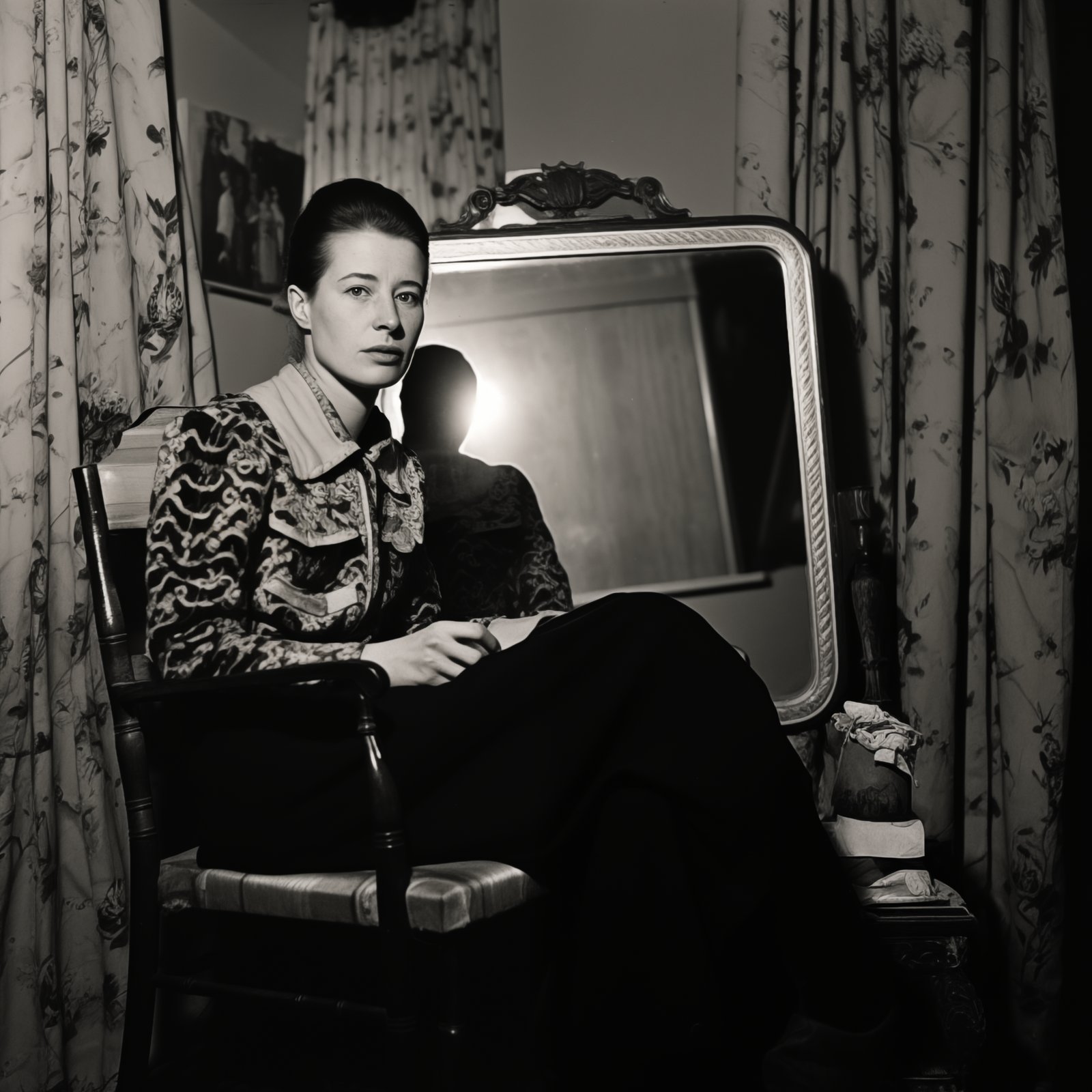 A chiaroscuro portrait of Simone de Beauvoir casually sitting near a mirror with a shadowed figure in the background, patterned fabrics, ...