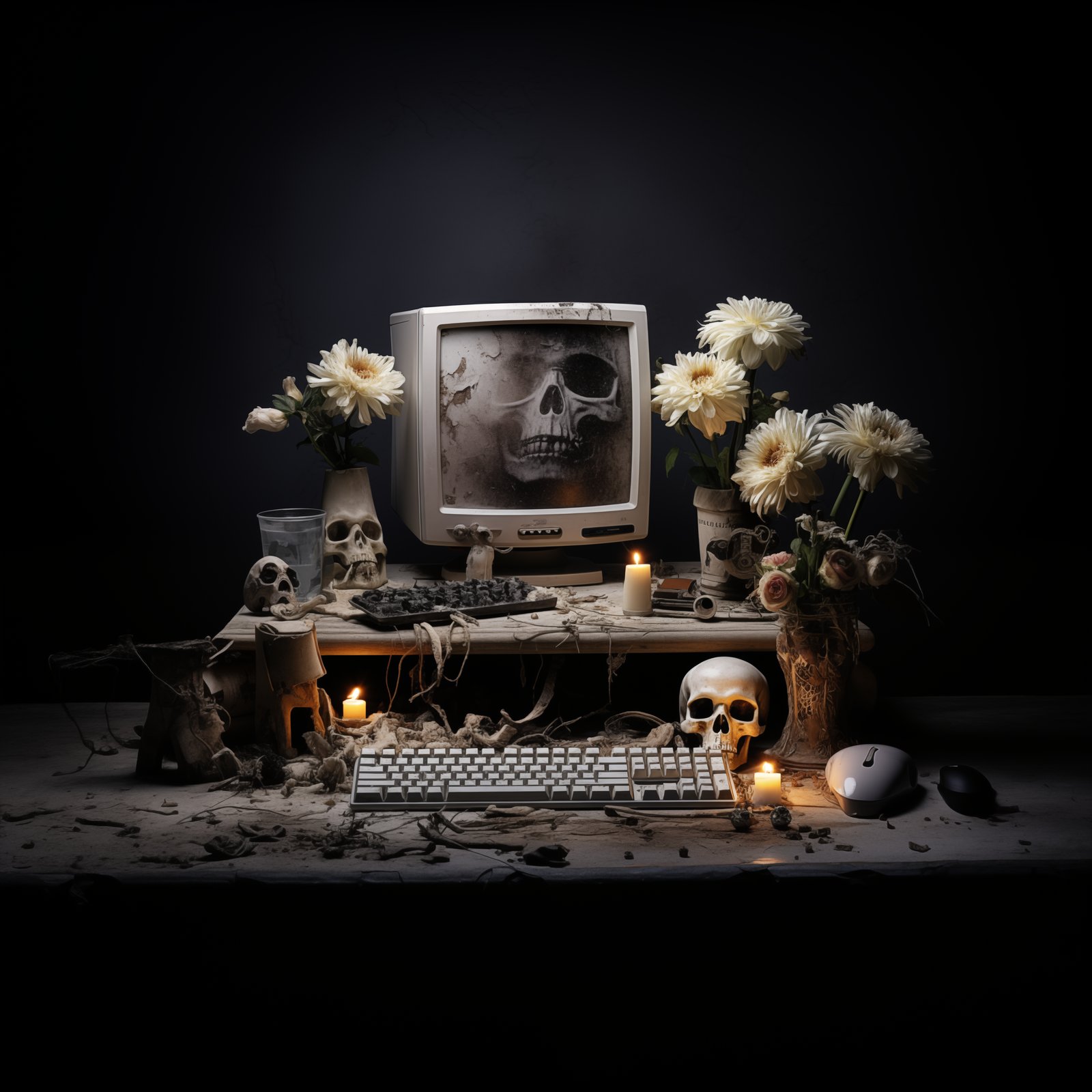 A vanitas still life of a white 1990s desktop computer, keyboard, mouse, shadowed skull, white flowers, candles::2, dusty decay, desatura...