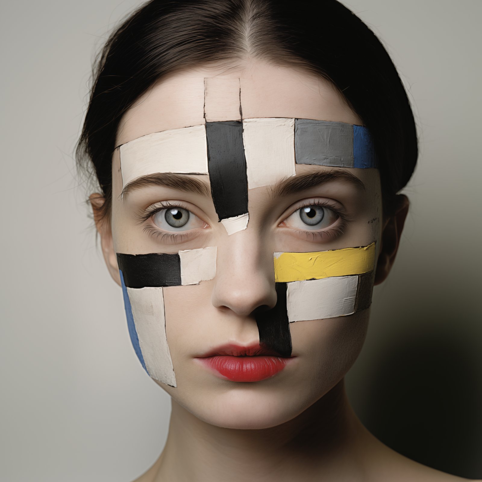 A mugshot of a pale, austere brunette woman, staring directly at camera with a dried Mondrian painting on her face in the style of surgic...