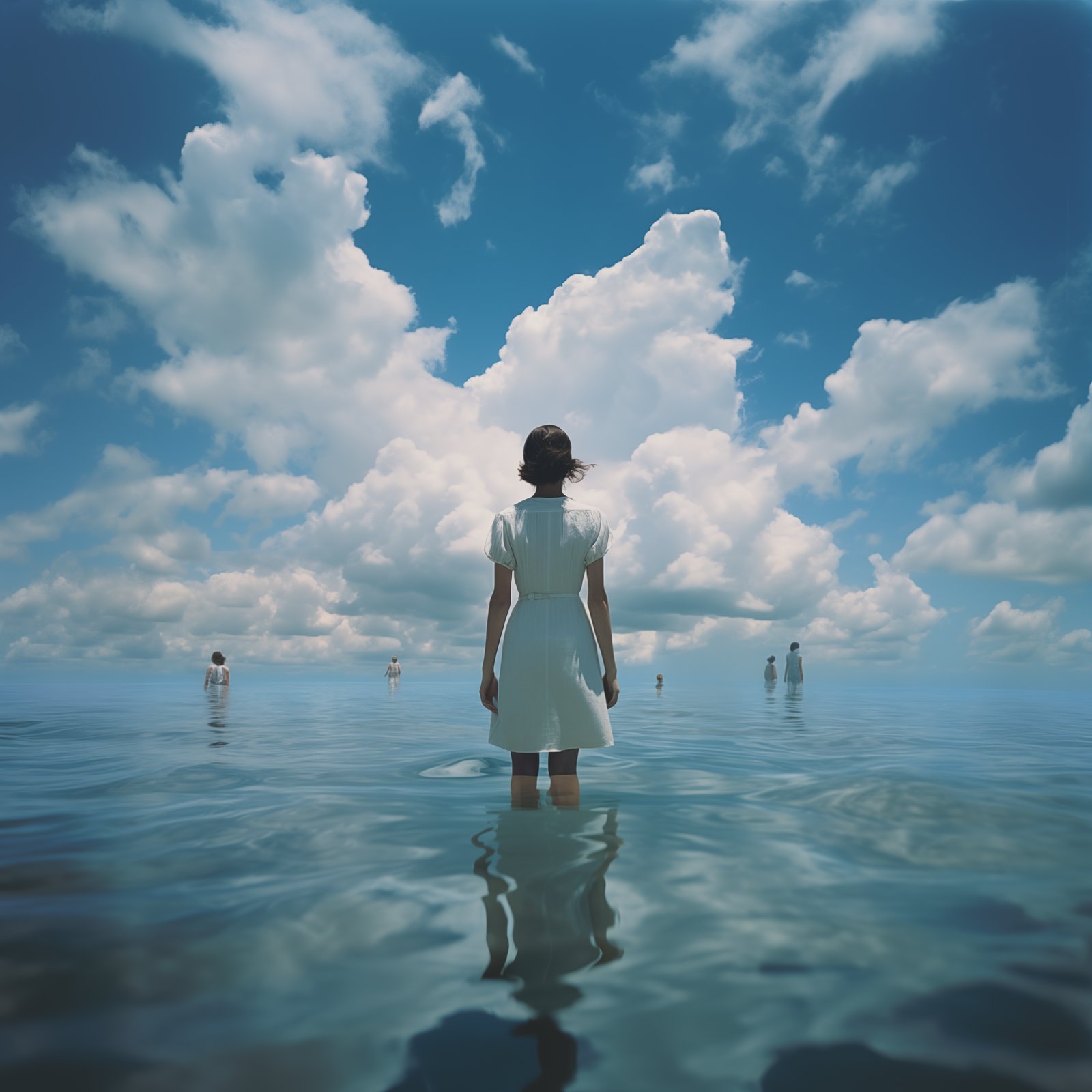 A woman standing knee deep in a vast tropical sea with subtle motion, a few others in the far distance, cumulus clouds in a vibrant high ...