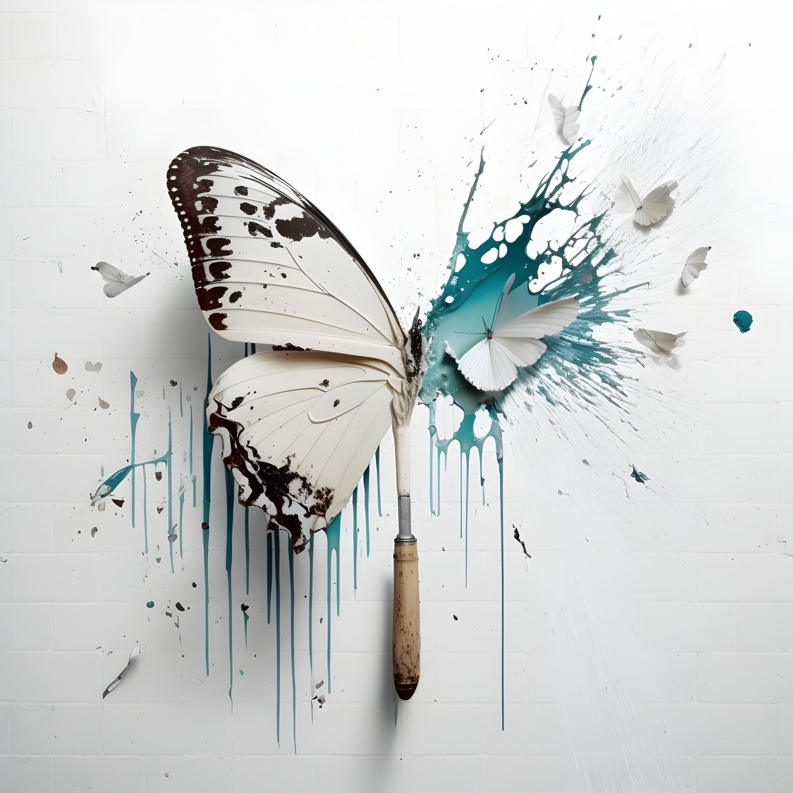 A single stiff butterfly that has been painted white and pinned against a white wall that is being smashed by a flyswatter, splatters of ...
