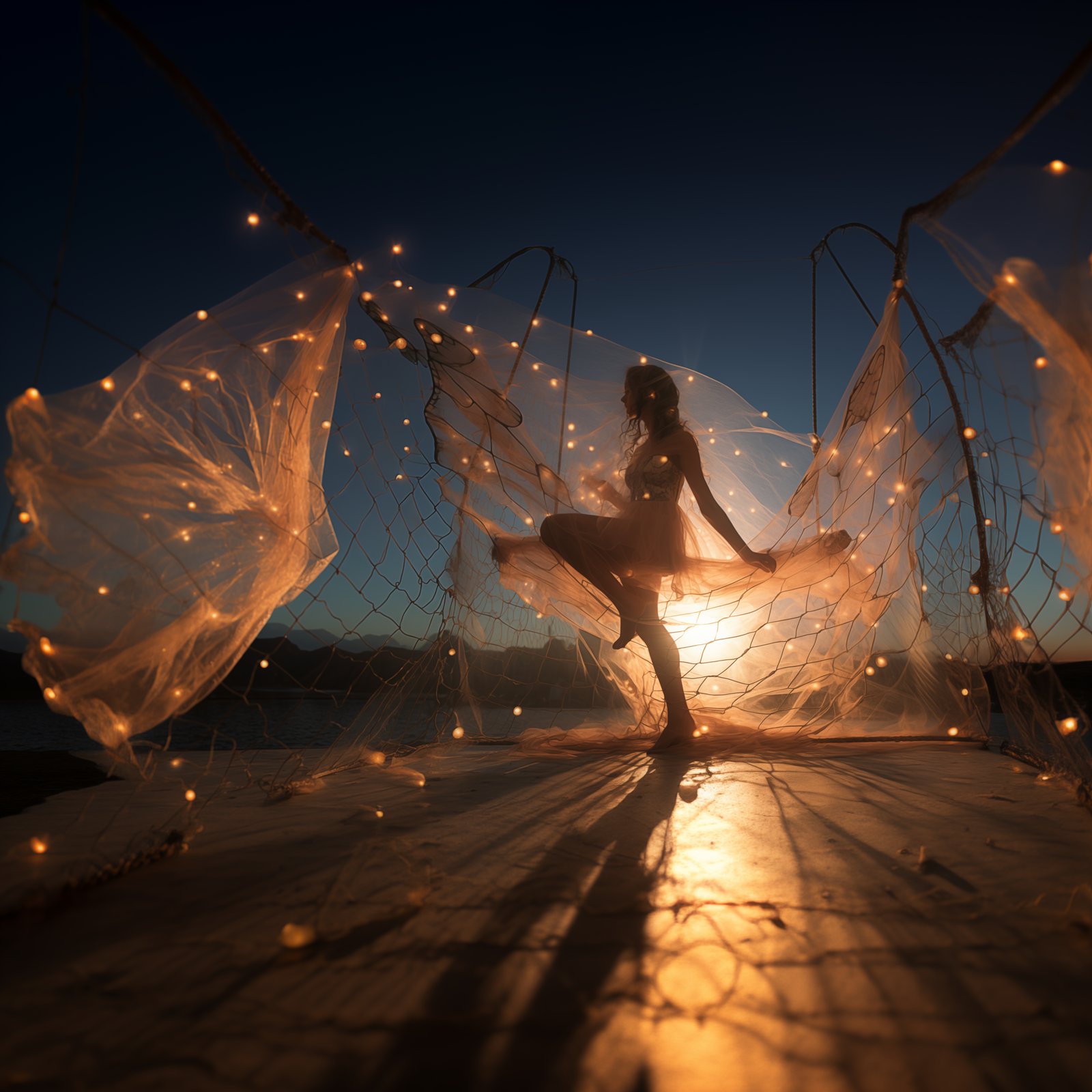 A woman dancing in a collapsing butterfly net