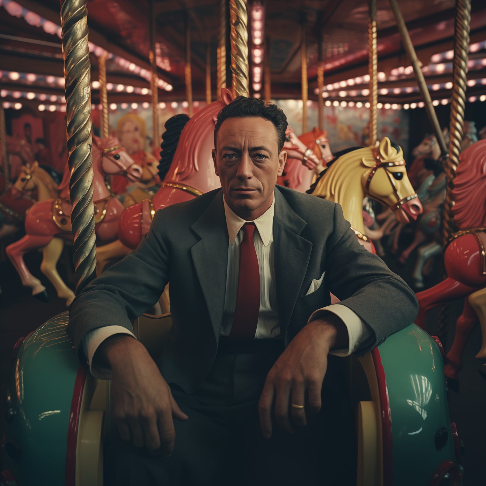 A portrait of Albert Camus posing casually in front of a vintage carousel, slight smile, centered in frame, retro nostalgic colors, glowi...