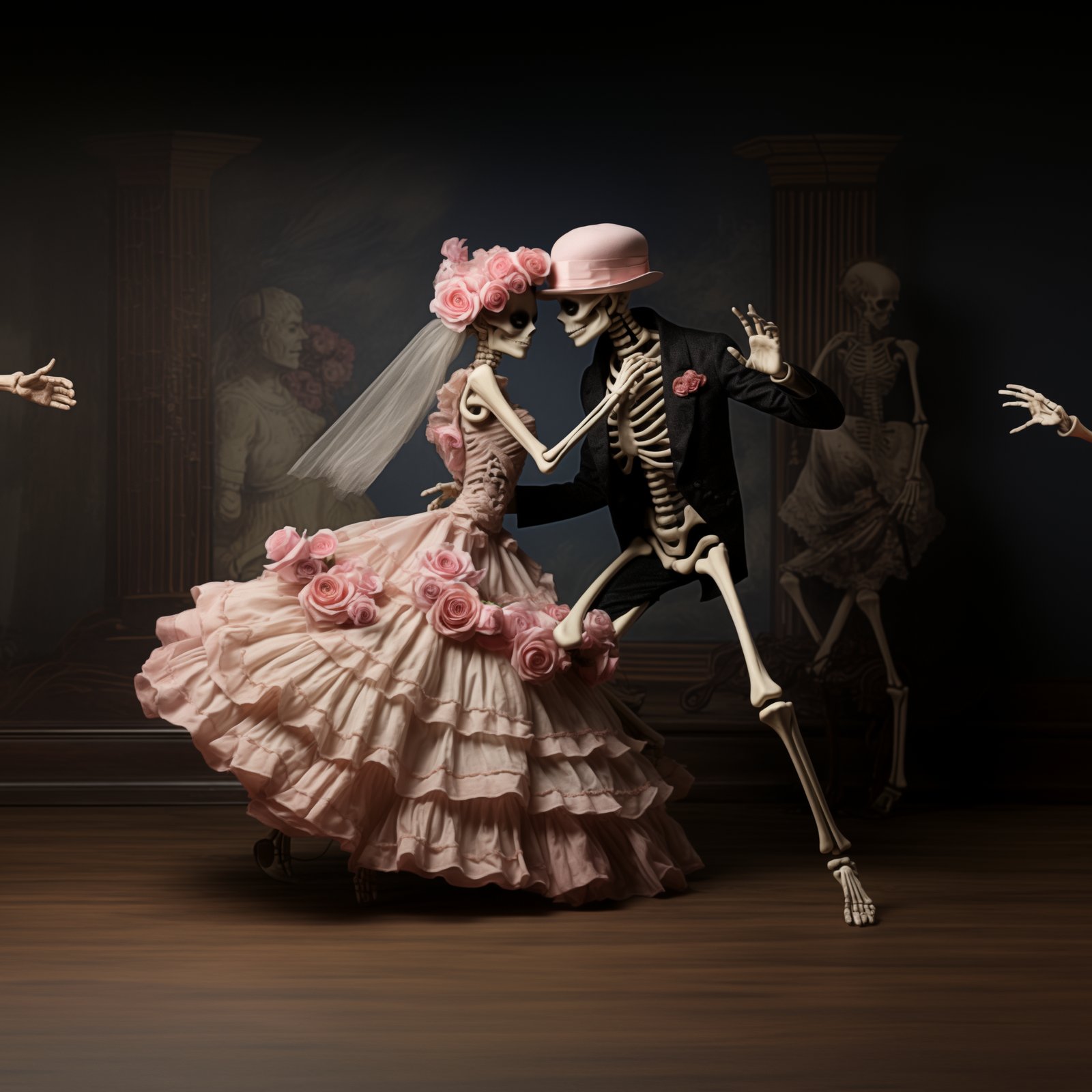 A dancing doll couple with romantic drama and emotions, in the style of Danse Macabre and tenebrism, elaborate and formal costumes, pink ...