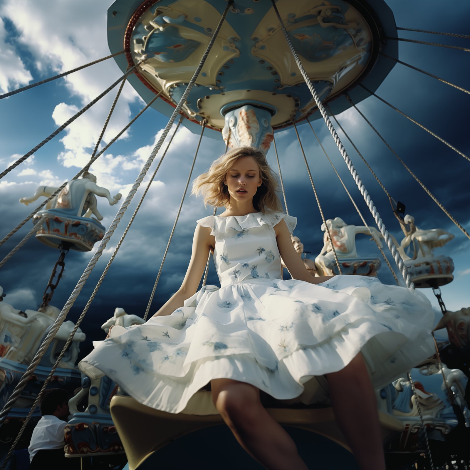 A nauseous woman wearing a white dress on a spinning carnival ride under spinning white clouds, angled up, pastel and deep blue hues, dis...
