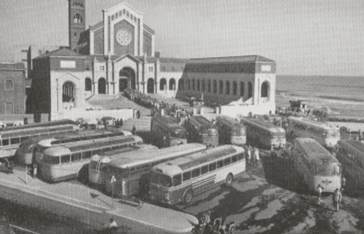 Pilgrim buses parked outside the Basilica of Our Lady of Graces in Nettuno for the beatification of Maria Goretti