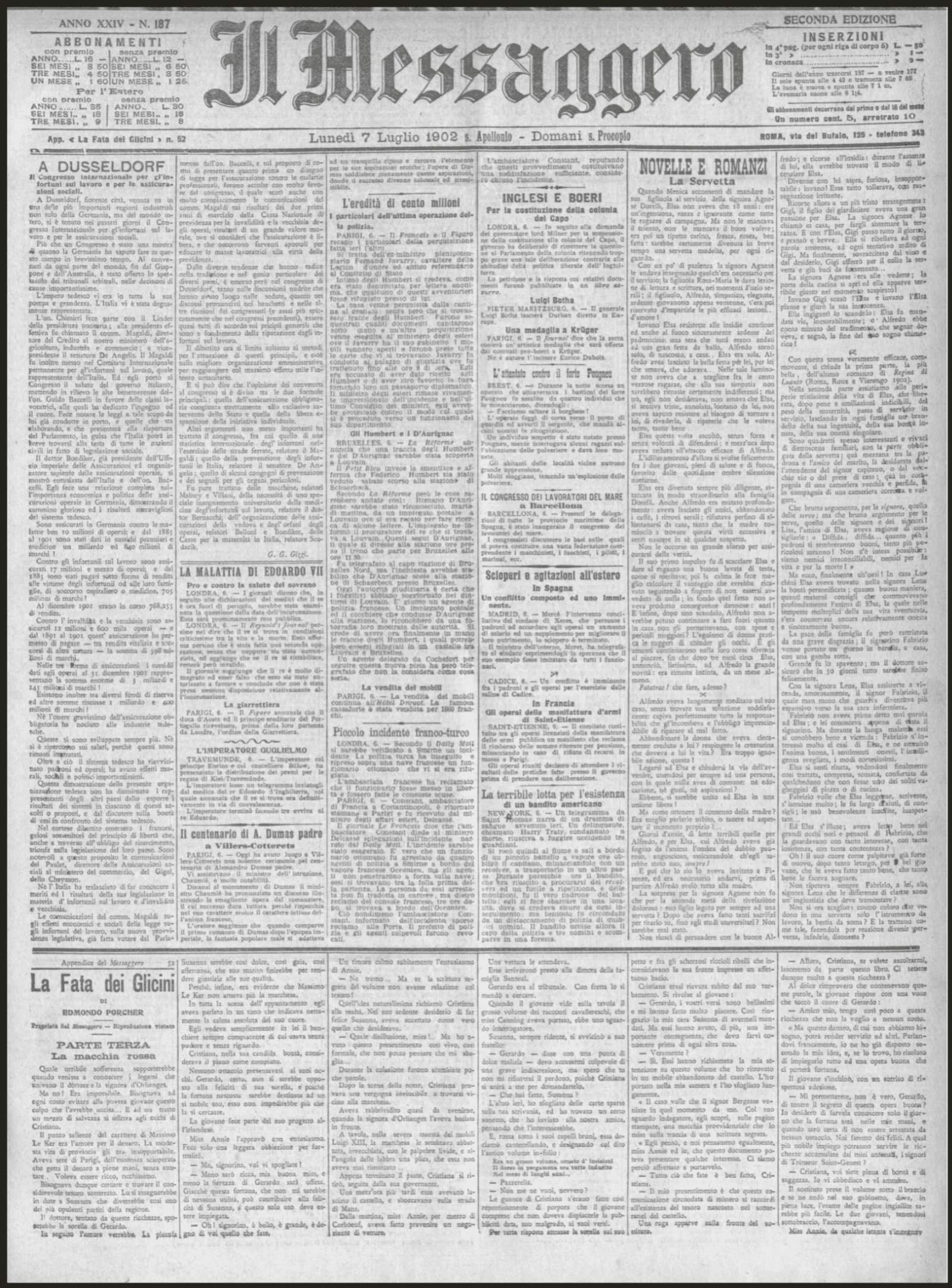 Front page of an Italian newspaper reporting on the death of Maria Goretti