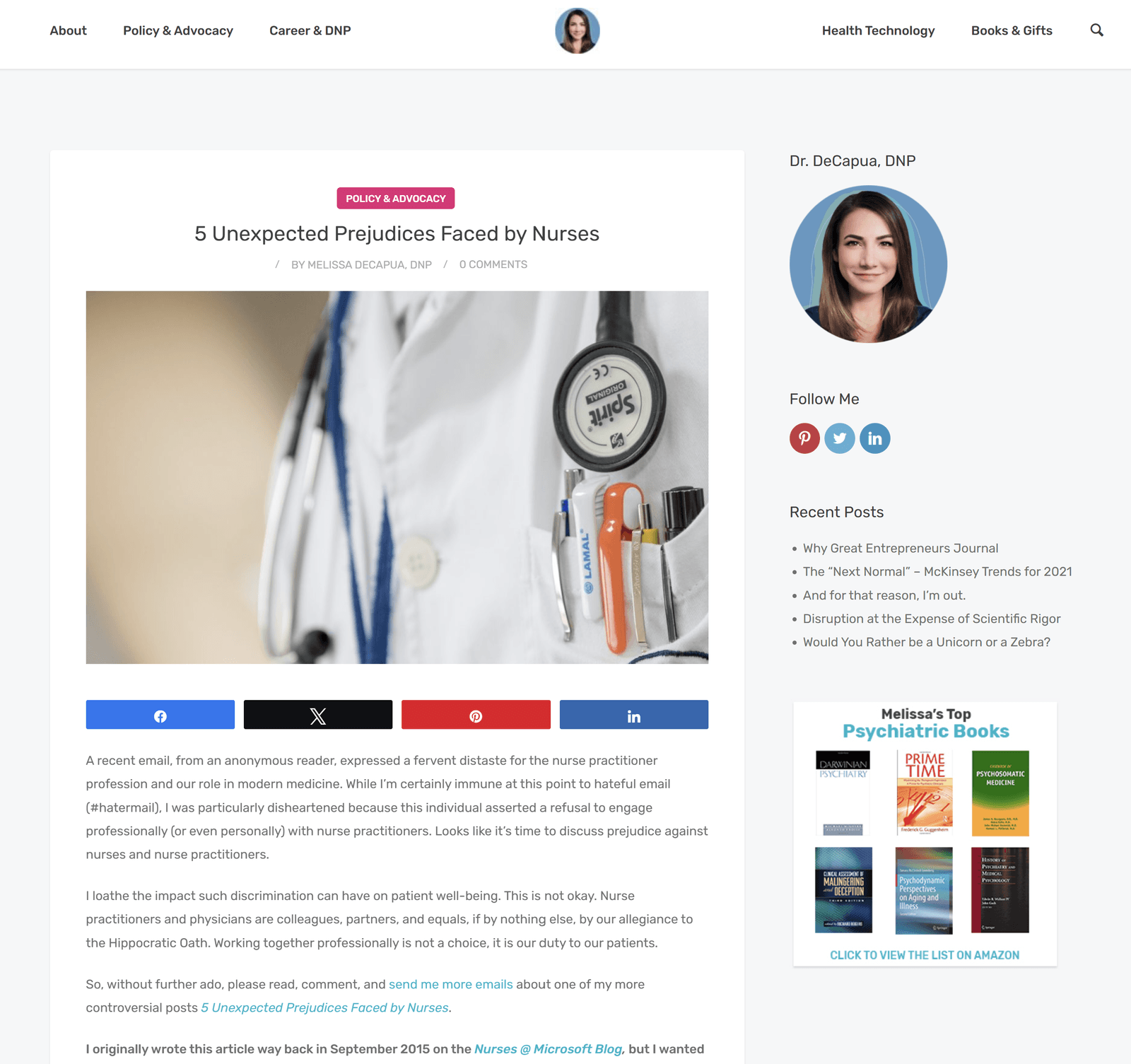 Screenshot of a Nurse Practitioner blog article — the post "5 Unexpected Prejudices Faced by Nurses" with author bio and sidebar