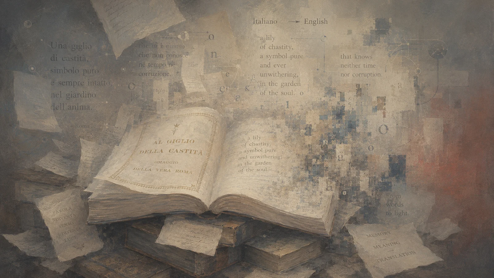 Antique open book titled "Al Giglio della Castita" with Italian text and its English translation dissolving into digital pixels, illustrating AI translation of historical Italian sources.