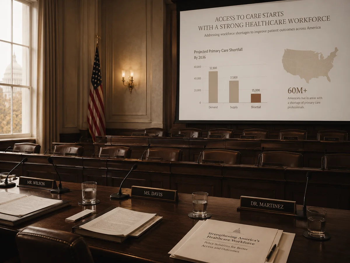 A congressional hearing room with a presentation on the U.S. primary care workforce shortage and access to care
