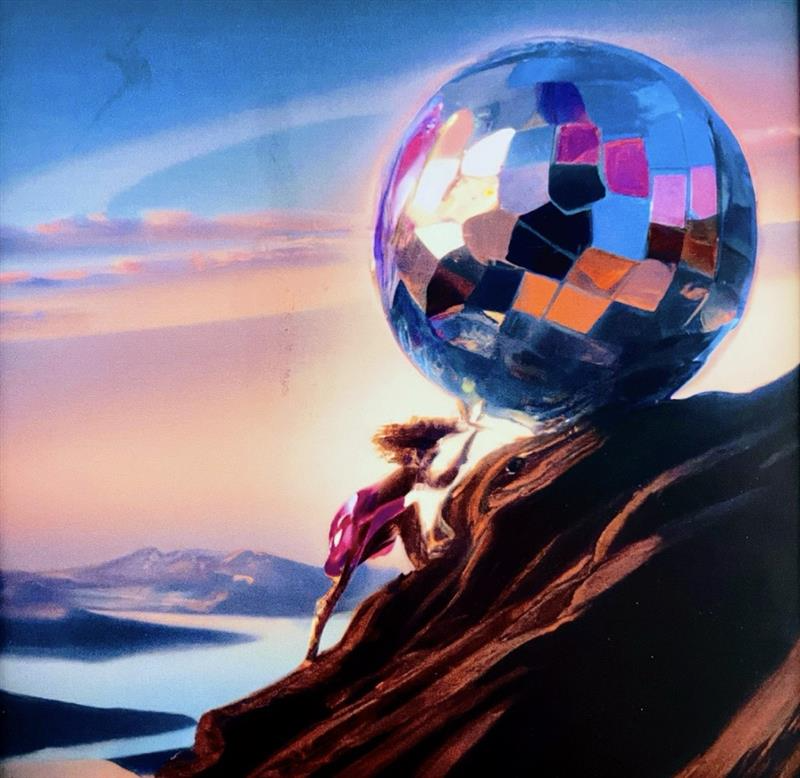 An AI-generated artwork reimagining Sisyphus as a woman pushing a giant mirrored disco ball up a rocky cliff at sunset