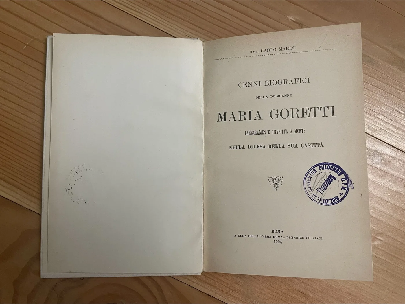 Title page of Avvocato Carlo Marini's 1904 biography of Maria Goretti, published in Rome by Vera Roma, with a library stamp.