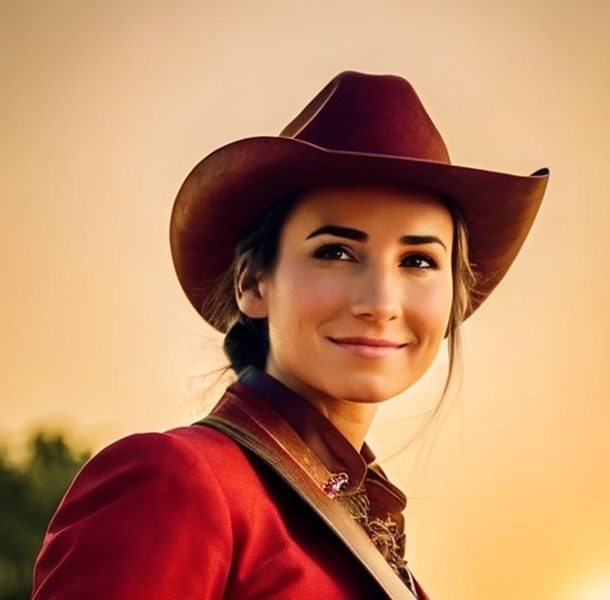 Melissa “Mav” DeCapua reimagined by AI as a cowgirl at sunset