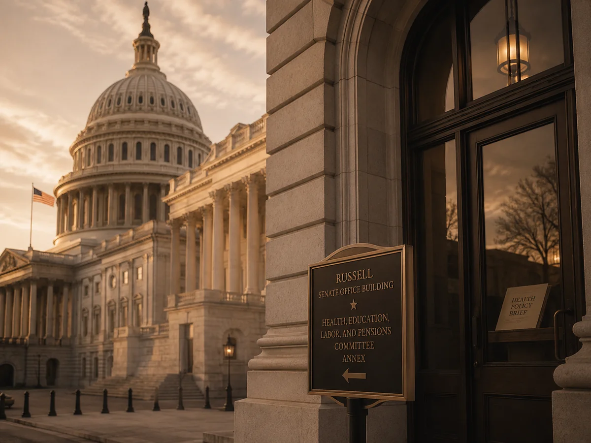 The United States Capitol at sunset beside a sign for the Senate Health, Education, Labor, and Pensions Committee