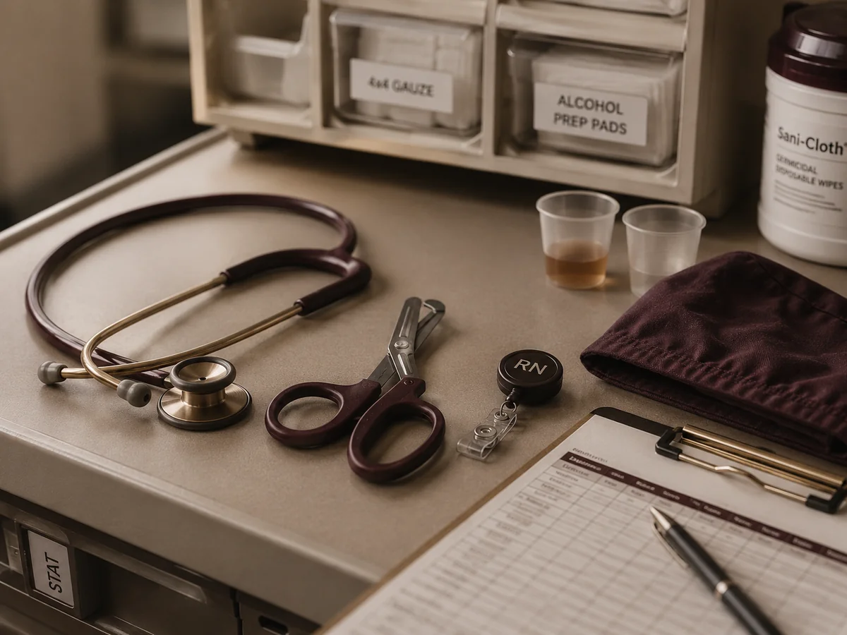 A nurse practitioner's clinical tools — stethoscope, trauma shears, RN badge, and scrubs — arranged on a desk