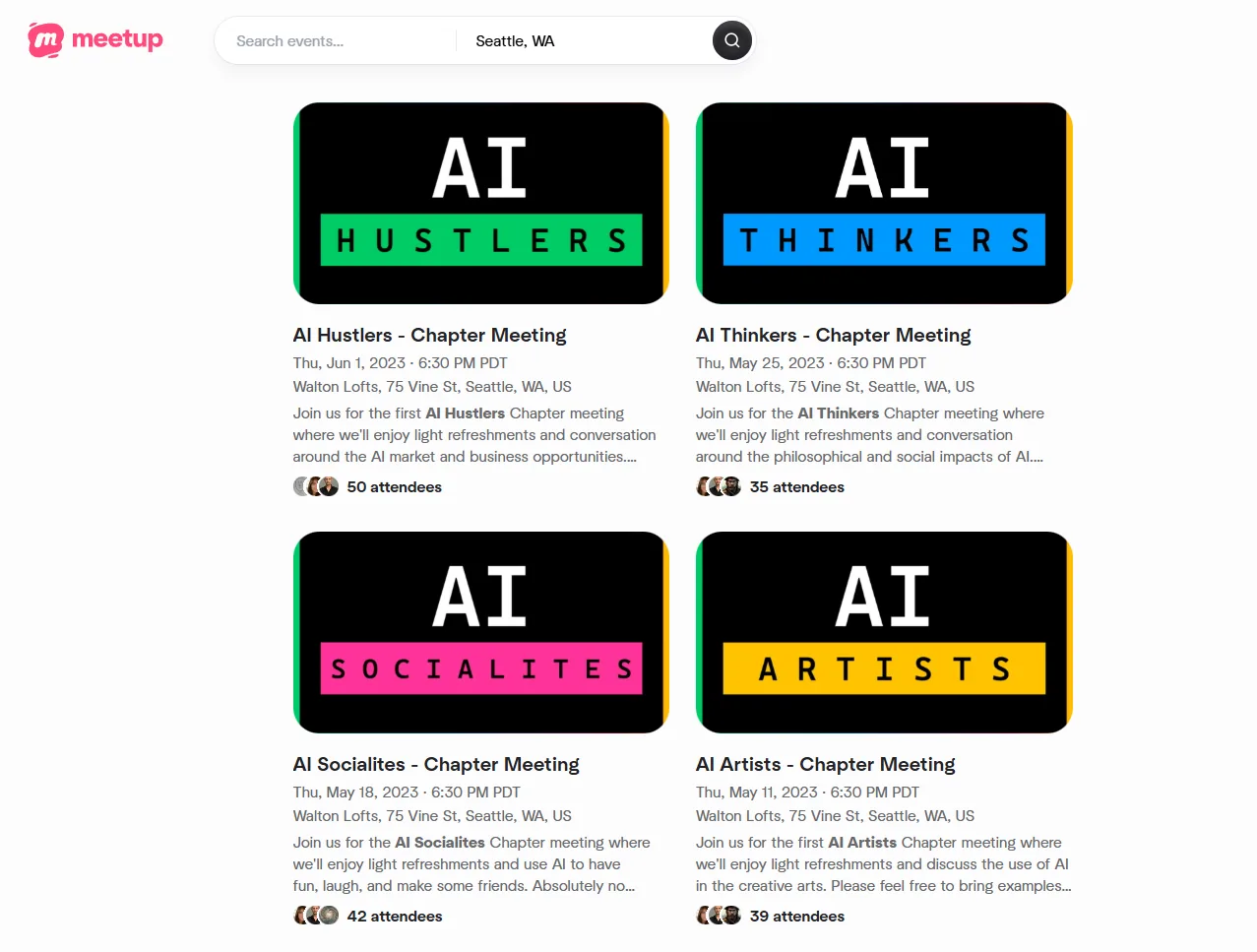 Seattle AI Society Meetup events: AI Thinkers, AI Socialites, AI Artists, and AI Hustlers chapter meetings with attendee counts
