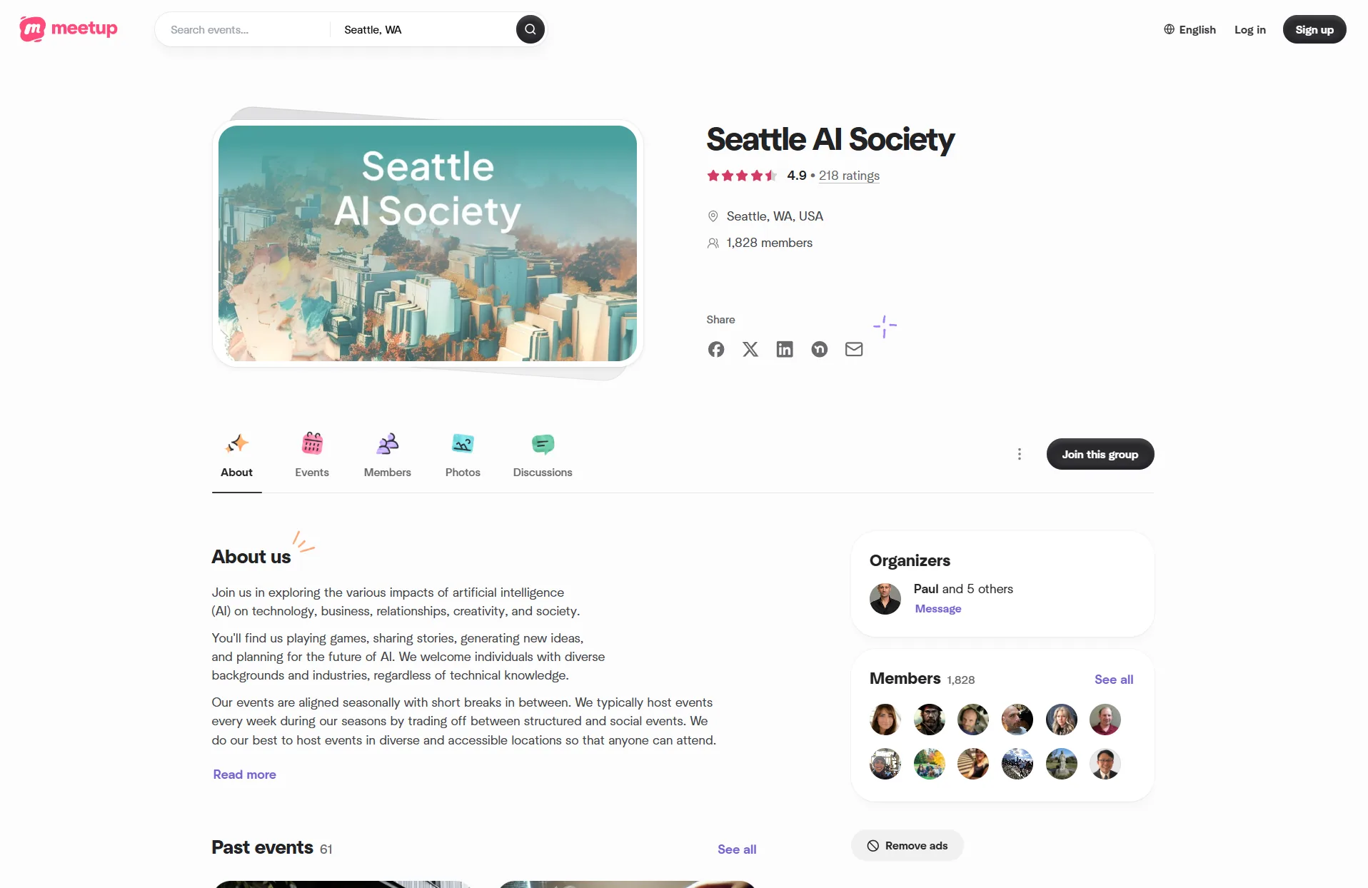 Seattle AI Society Meetup group page showing 1,828 members and a 4.9 star rating
